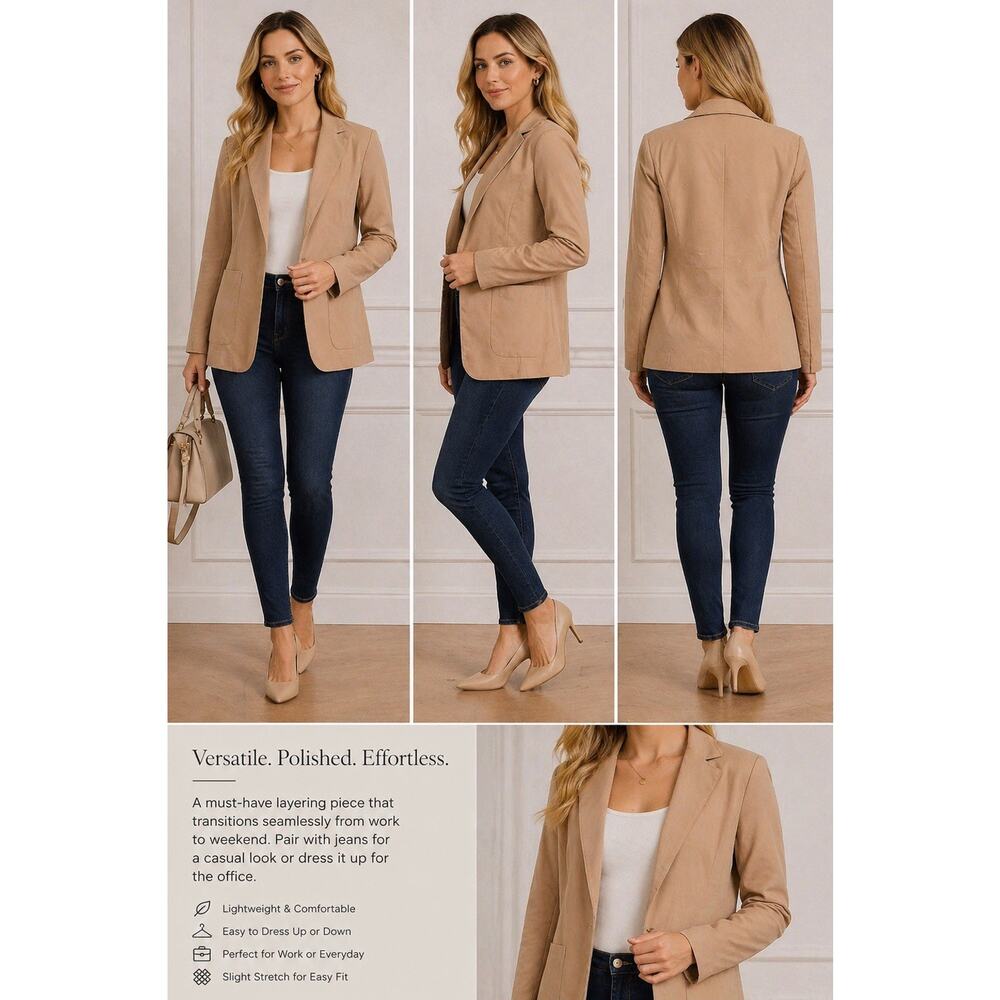 Women’s Khaki Blazer Jacket Size Small Tan Lightweight Stretch Career Casual